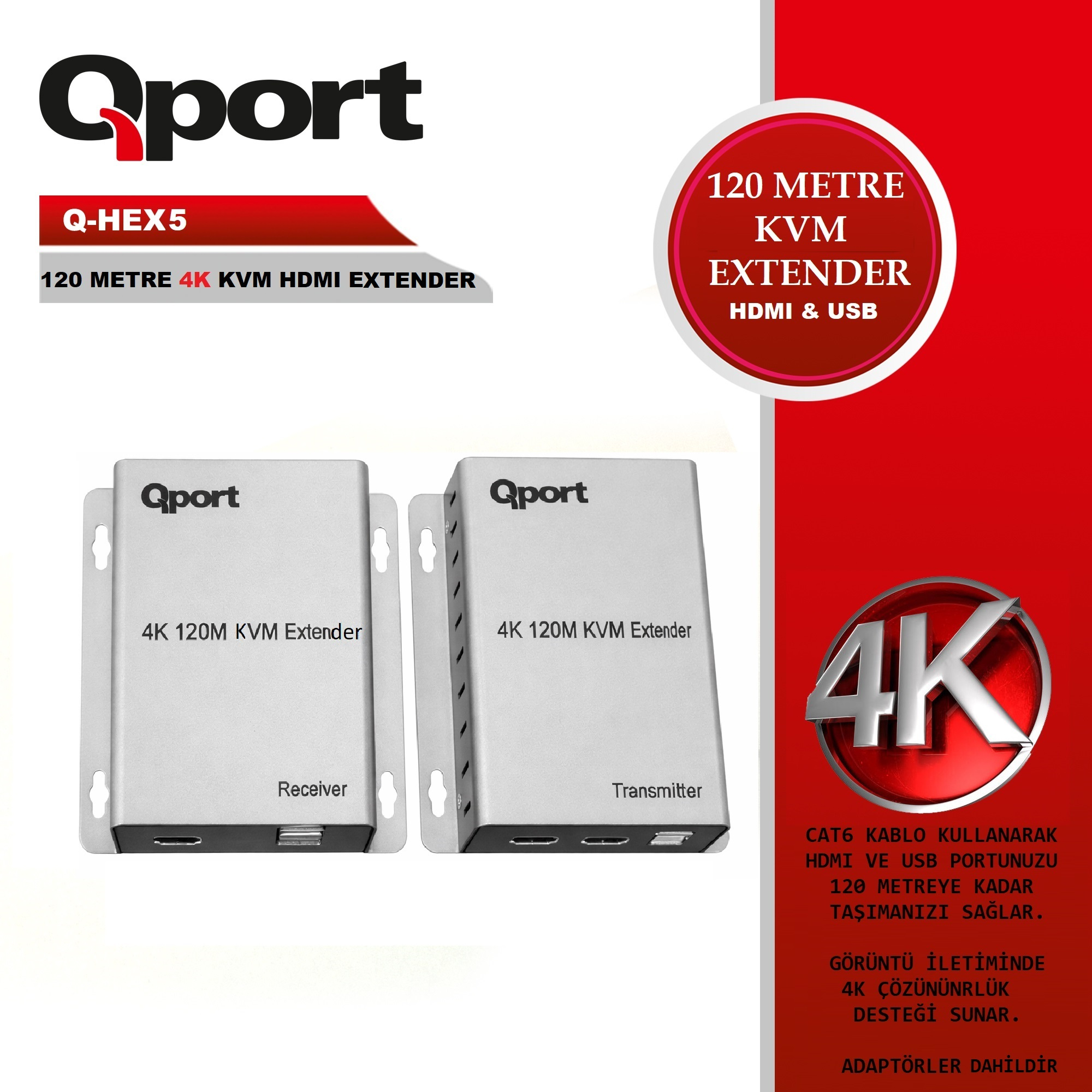 QPORT Q-HEX5 KVM CAT6 120MT 4K HDMI COGALTICI(2LI)